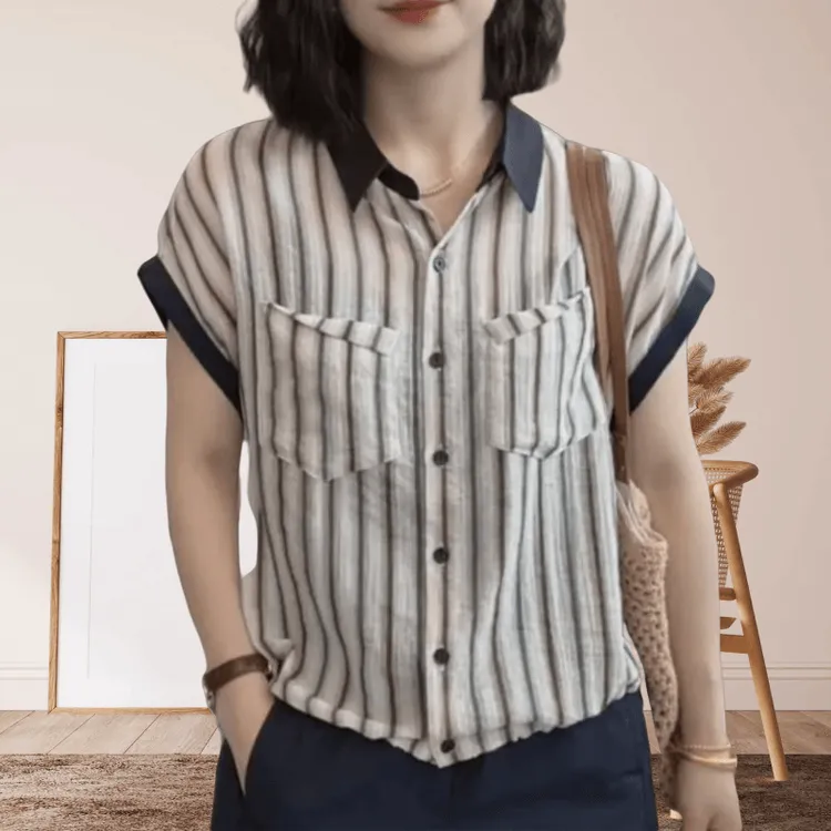 夏季新款韩系撞色翻领条纹短袖衬衫女装休闲时尚百搭遮肉显瘦上衣
