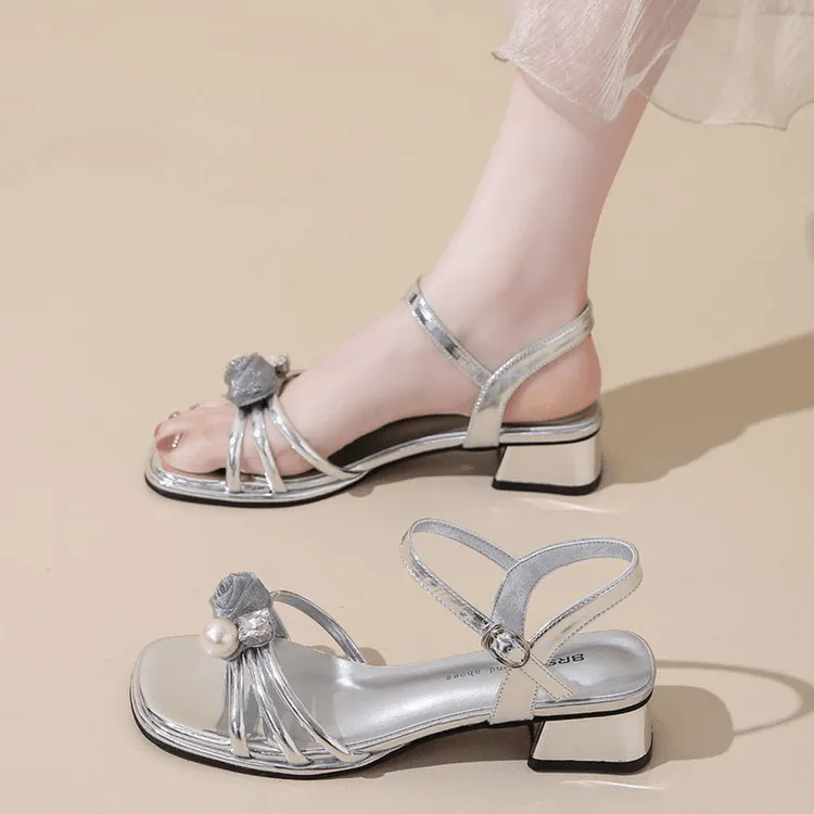 水钻花朵公主风法式女一字带凉鞋方头鞋子职场休闲风粗跟夏季百搭