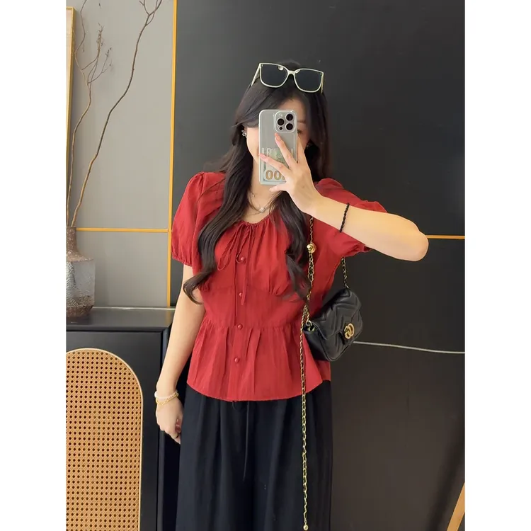 【欧加恋恋】2025夏韩版简约气质大方系带款圆领短袖衬衣H82505