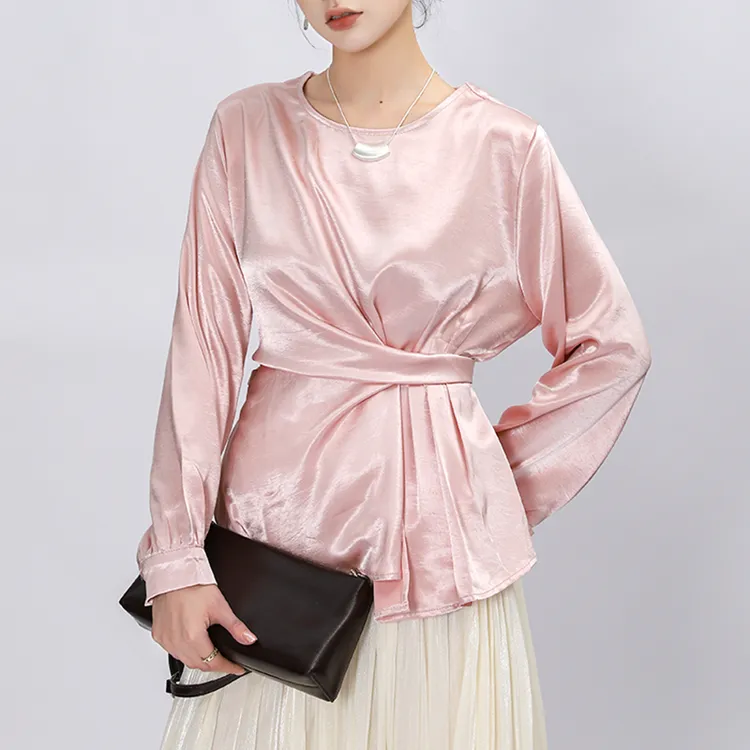 气质优雅系带收腰长袖缎面衬衫女设计感秋季新款圆领纯色百搭上衣