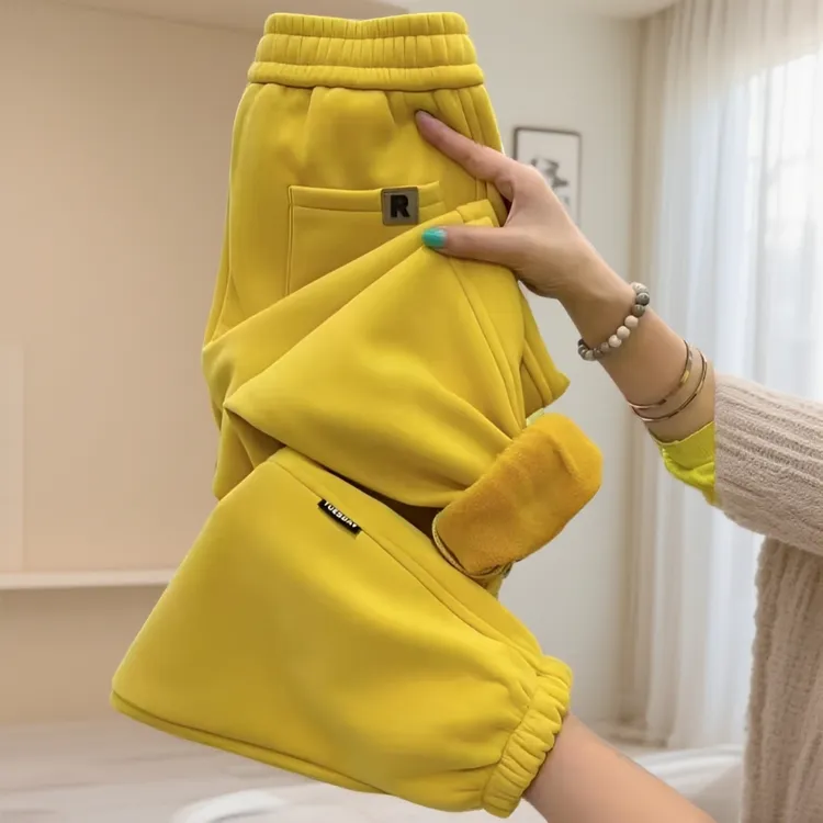 加绒拼接束脚裤保暖宽松女士高腰休闲裤冬季哈伦裤口袋