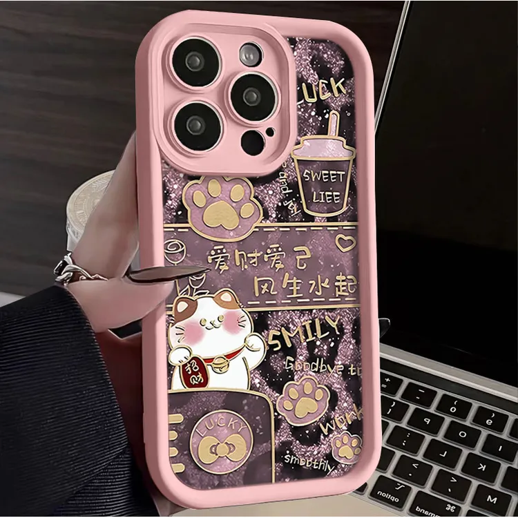 豹纹招财猫适用iphone16苹果手机壳15promax金刚砂14软13全包1211