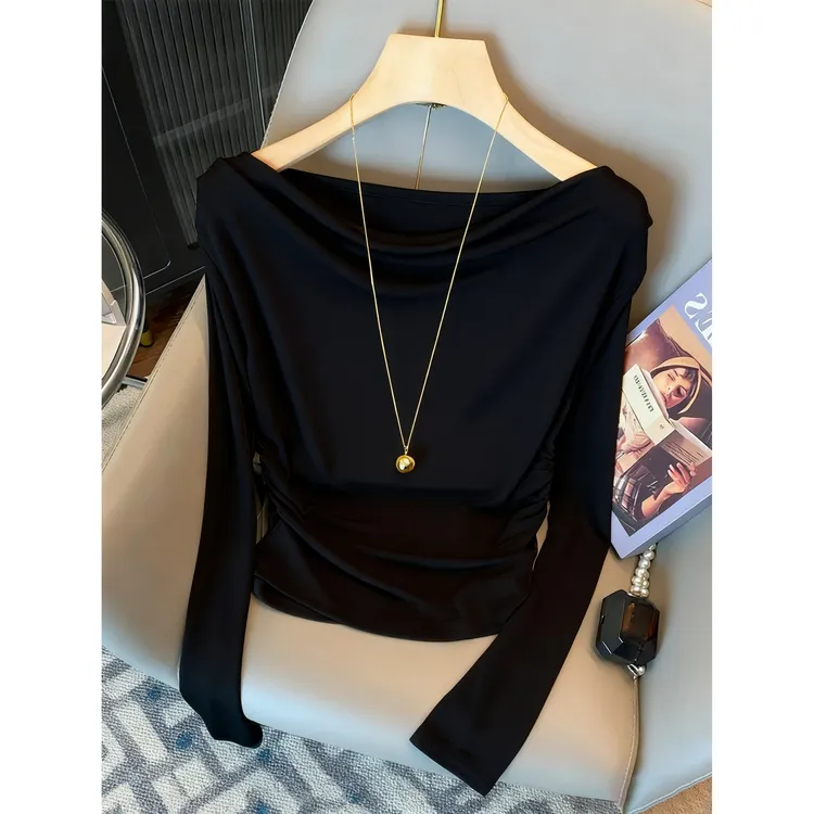 时尚减龄绝美白色荡领长袖T恤女秋季新款简约百搭洋气轻奢小衫ins