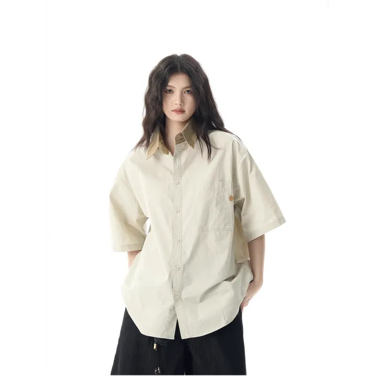 美式复古撞色polo衫宽松工装短袖衬衫男女夏季开衫慵懒上衣衬衣