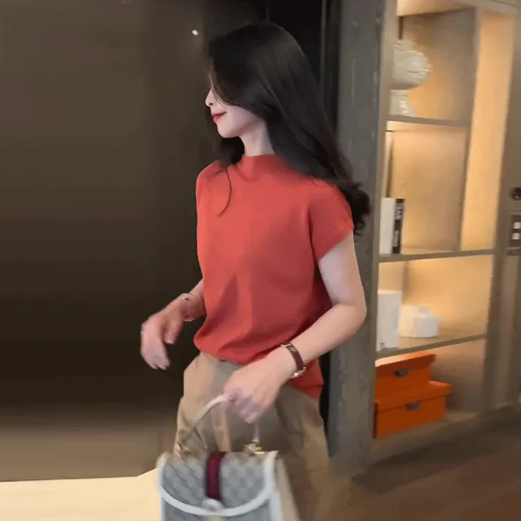 爆款短袖黑色针织衫爆款宽松薄款洋气2025夏坎肩冰丝针织衫上衣女