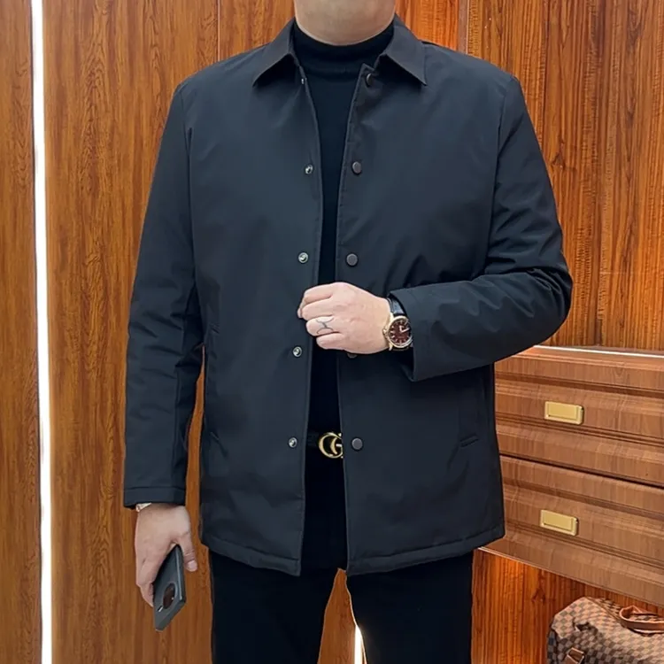 孙大漂亮翻领纽扣棉风衣棉服男款冬季长袖商务休闲大码棉衣服黑色