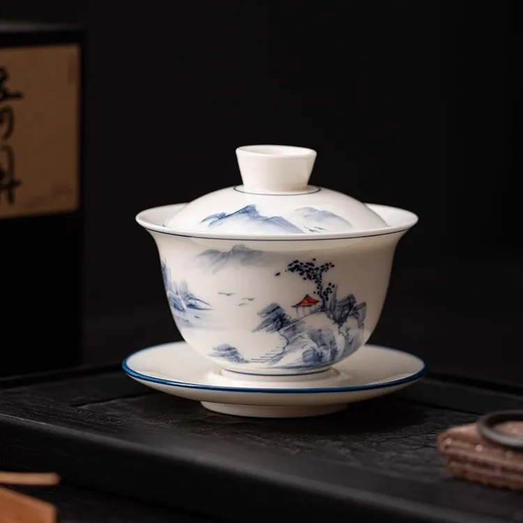 手绘盖碗羊脂玉瓷悬停盖碗泡茶碗家用功夫茶具白瓷盖碗茶具釉下彩