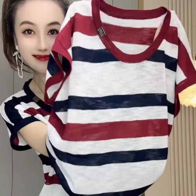 2025夏季新款美式复古修身显瘦小个子撞色条纹T恤女设计感上衣