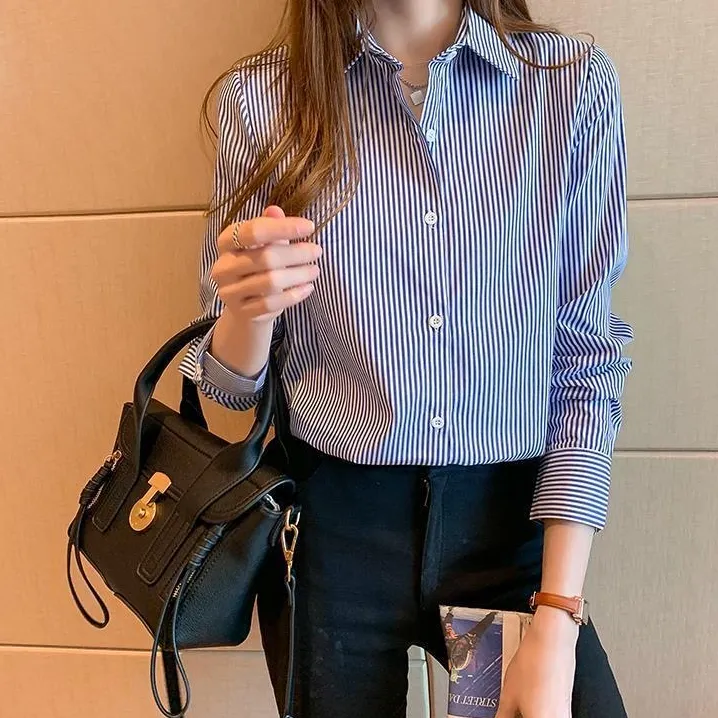 新款法式时尚气质蓝色条纹衬衫长袖女秋季宽松衬衣职业装工作上衣
