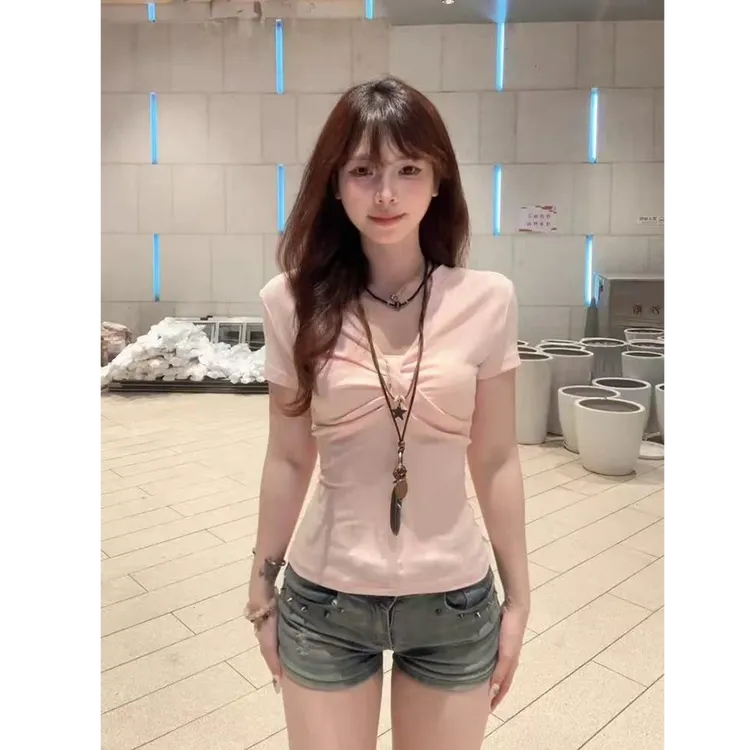 2025新款甜美风粉色短袖t恤女夏季性感辣妹修身显瘦休闲百搭上衣