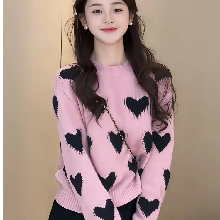慵懒高级感粉色毛衣可外穿内搭秋冬女2025新款爱心打底针织衫上衣