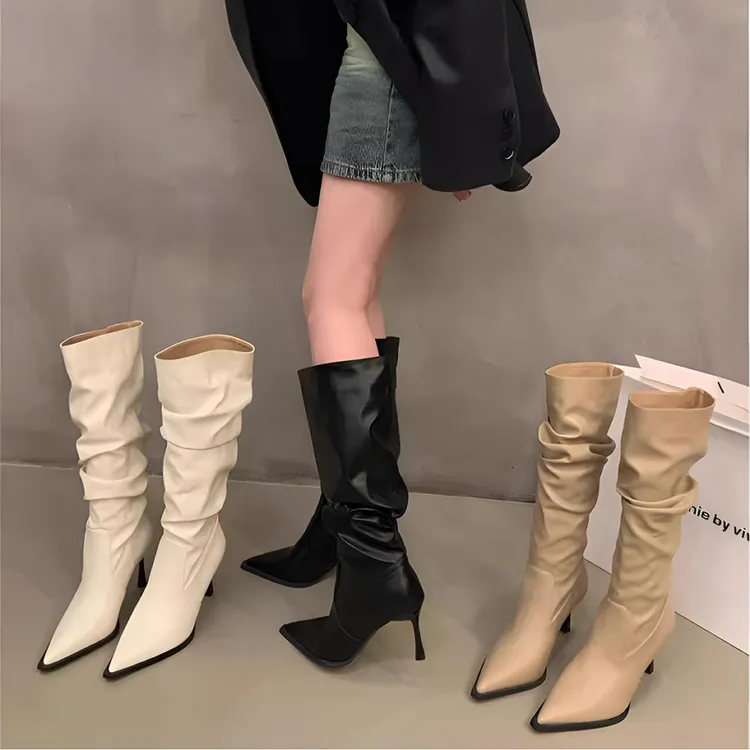 三福欧美风尖头女士中筒靴2025春秋新款细跟堆堆靴高跟不过膝长靴