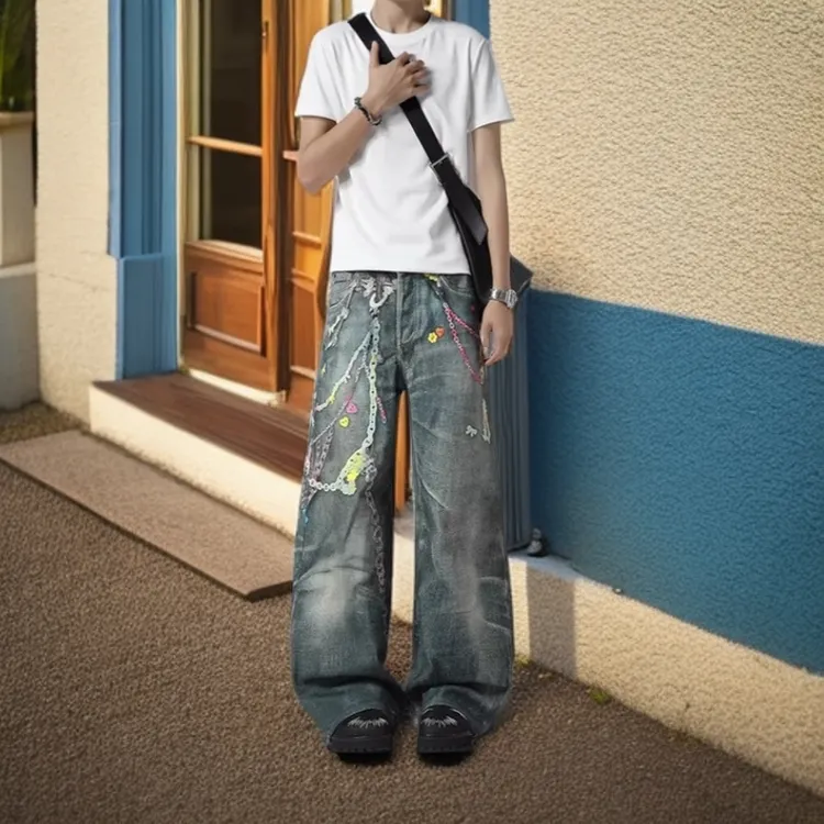 嘻哈链条印花牛仔裤子情侣重工拖地裤潮流时尚百搭裤宽松个性