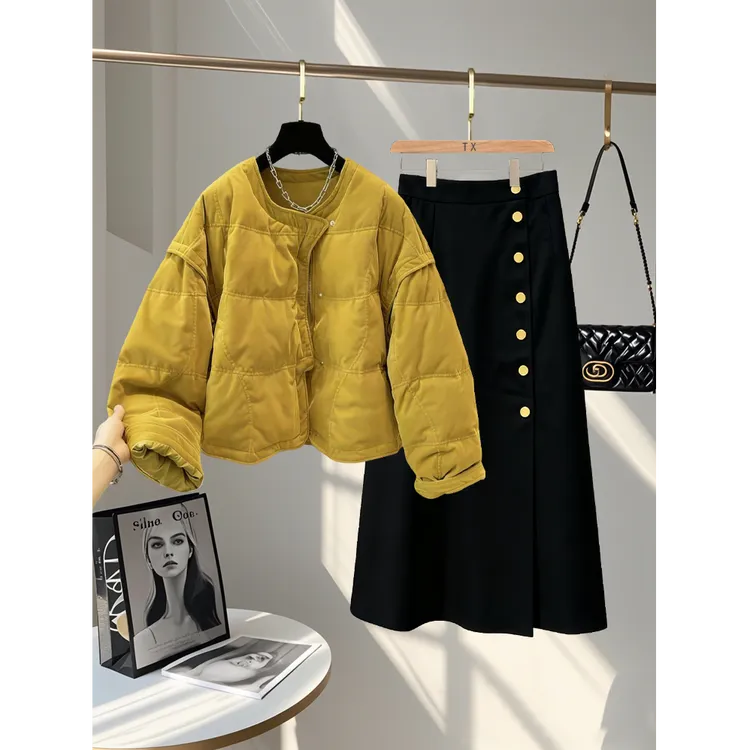 网红时尚炸街新款女装两件套2025冬季爆款气质保暖棉服百搭半身裙