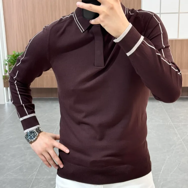 秋冬新款男士时尚翻领商务休闲针织衫潮流修身条纹毛衣百搭打底衫