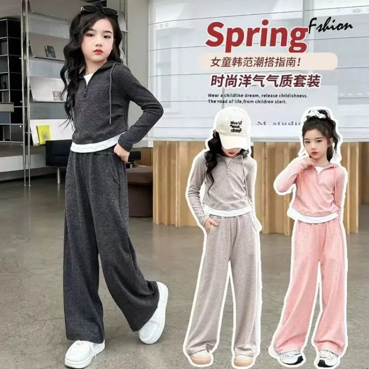 欧若风女童儿童2025春秋时髦套装假两件上衣阔腿裤洋气休闲中大童