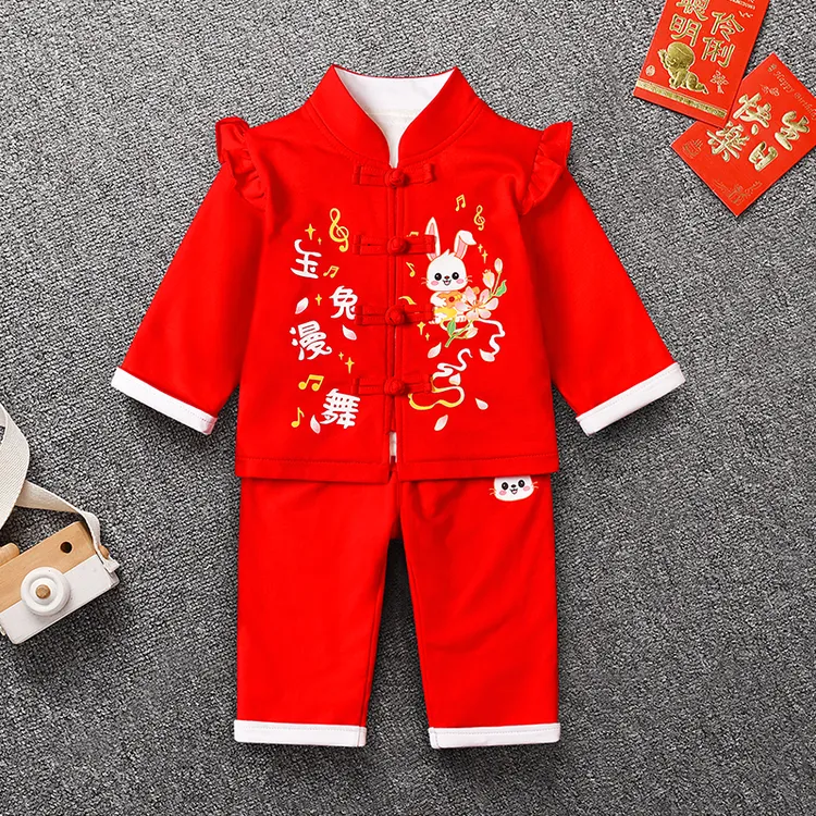 女宝宝拜年衣服秋冬加绒兔女孩过年服装女童一周岁红色中国风套装