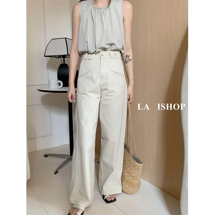 米白色高腰阔腿牛仔裤女新款卡其色直筒裤宽松垂感显瘦日式工装裤