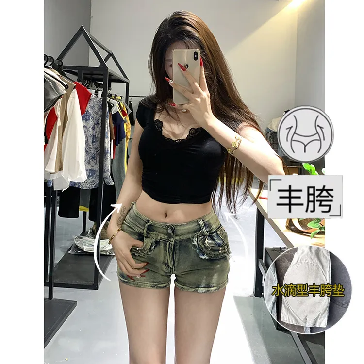 性感低腰铆钉丰胯牛仔超短裤女2025年秋季新款修身显瘦弹力热裤