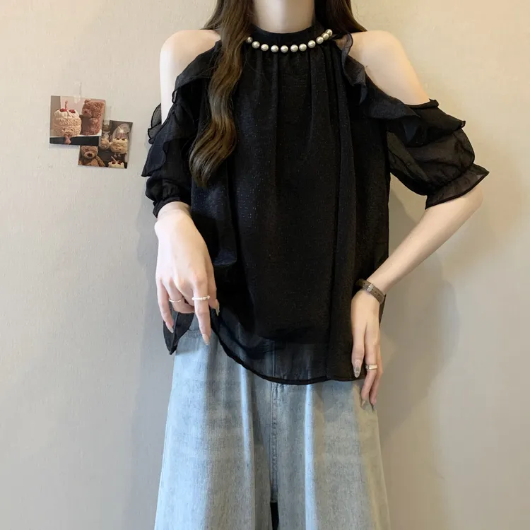 大码女装遮肚子设计感挂脖短袖露肩衬衫女胖MM显瘦遮肉雪纺衫上衣