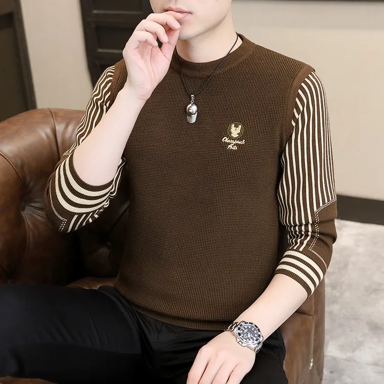高档男士秋季时尚拼接毛衣时尚休闲男士针织打底衫品质男装M599
