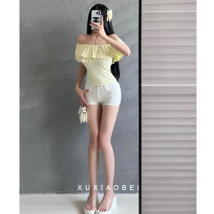 M5569一字肩性感纯欲短袖T恤女夏季修身褶皱荷叶边短款小上衣
