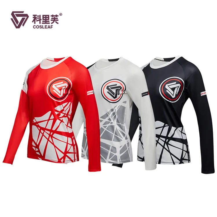 科里芙新款印花圆领长袖透气运动速干T恤弹力拼色跑步健身衣