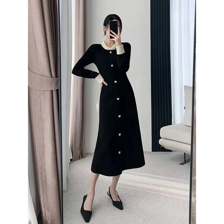 高档长款毛衣裙气质名媛法式赫本风黑色洋气针织连衣裙女春秋新款