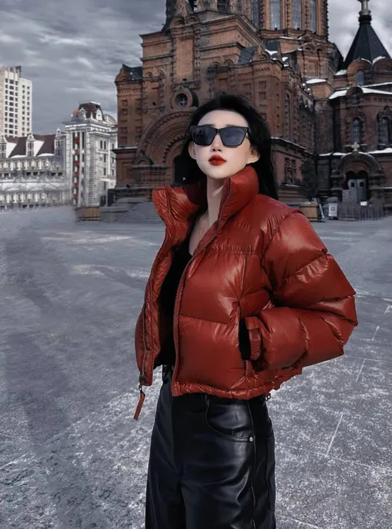 亮面红色保暖简约短款棉服立领外套女冬季复古面包服加厚棉袄女