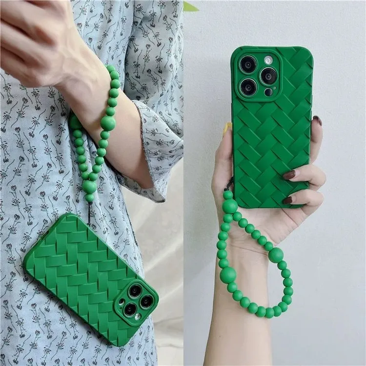 ins绿色立体编织纹弹力手链珠适用于iPhone15手机壳苹果14全包13