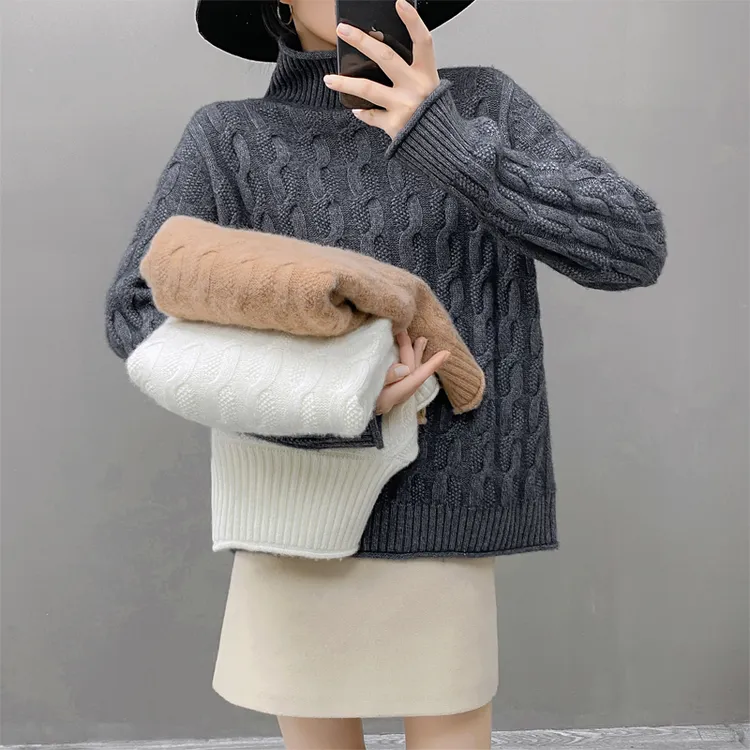 秋冬新款纯色高领套头5针3股线扭花卷边羊毛衫女打底衫百搭慵懒风