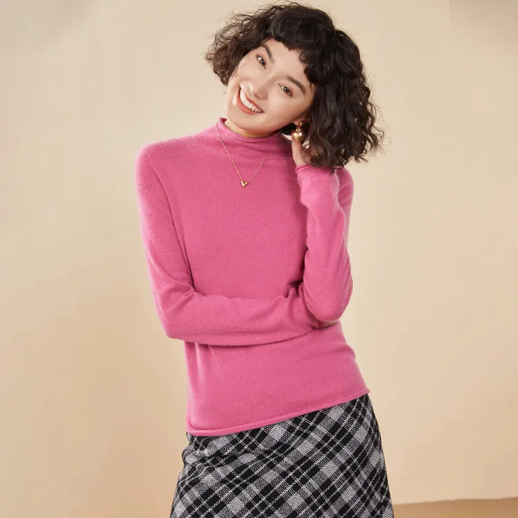 一线成衣羊绒衫女半高领卷边针织羊毛上衣宽松打底毛衣