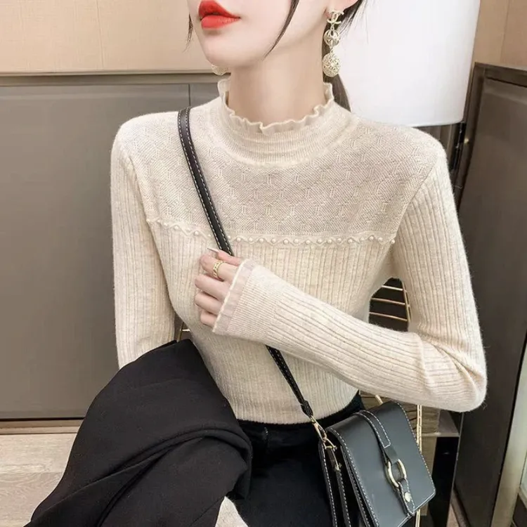 2025新款女秋装气质时尚中高领蕾丝内搭打底衫镂空修身珍珠长袖