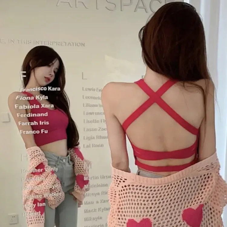 带胸垫挂脖裹胸一体式内衣白色上衣外穿女背心吊带内搭性感上衣