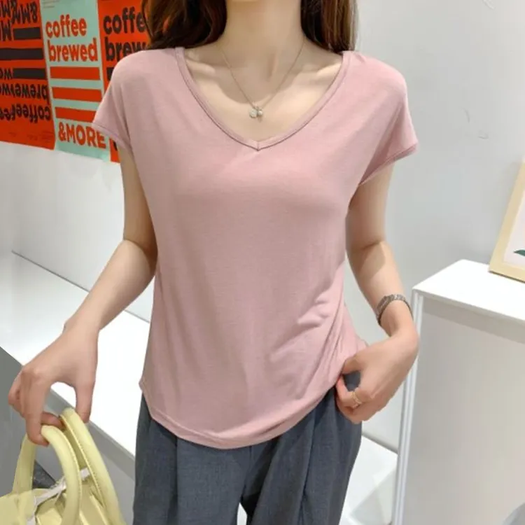 莫代尔薄款休闲短袖纯色简约V领上衣T恤女修身显瘦内搭百搭打底衫