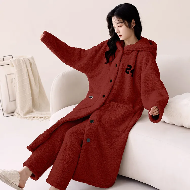 芬腾可安红色本命年睡衣女秋冬季珊瑚绒加绒睡袍半边绒家居服套装