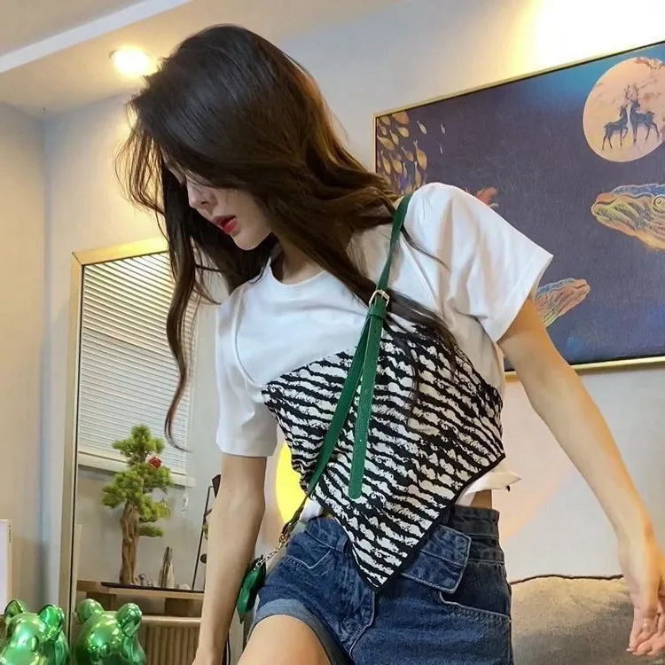 韩版拼接假两件宽松短袖T恤女夏季新款bm风不规则设计