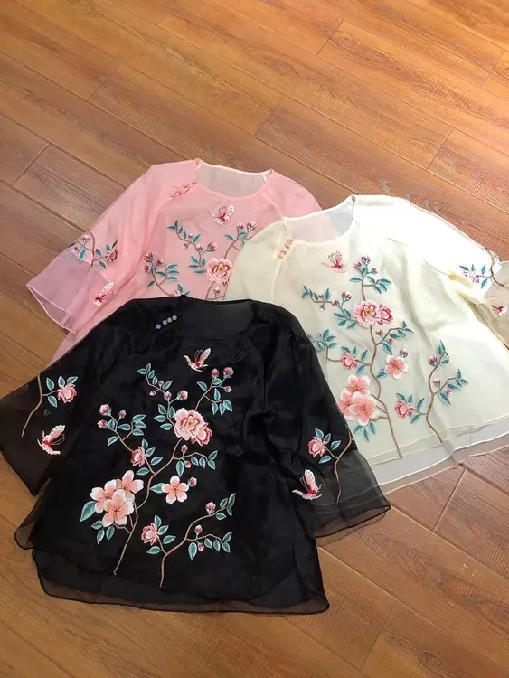 桑蚕丝复古重工中国风提花刺绣上衣盘扣宽松显瘦短款中式唐装套头