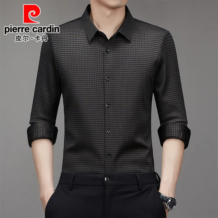 皮尔卡丹正品男士加绒衬衫冬季保暖中年商务休闲高档加厚商务衬衣