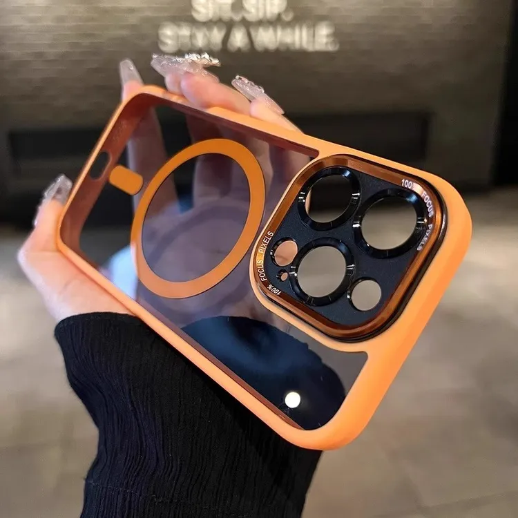 适用苹果16promax手机壳金属镜头磁吸iphone15/14透明13Pro防摔壳