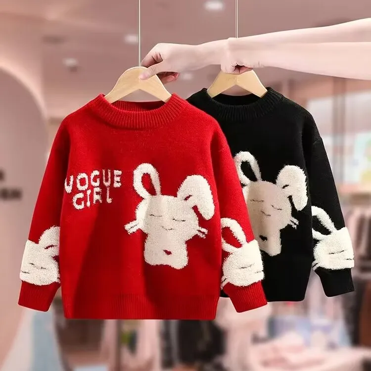 儿童冬季女童圆领秋冬套头针织衫洋气加厚卡通宝宝针织衫大童