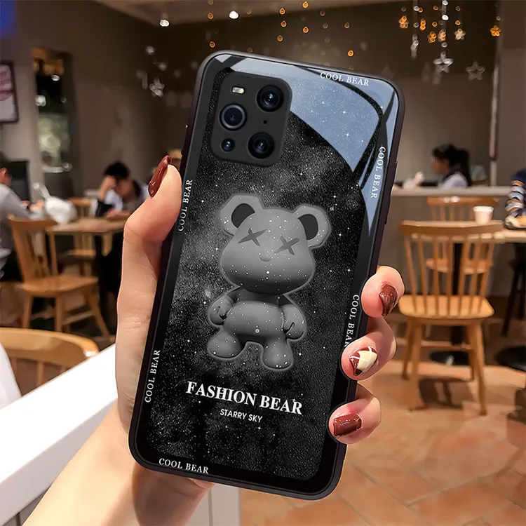 炫酷熊oppofindx3手机壳findx3pro玻璃外壳findx2个性女款保护套x