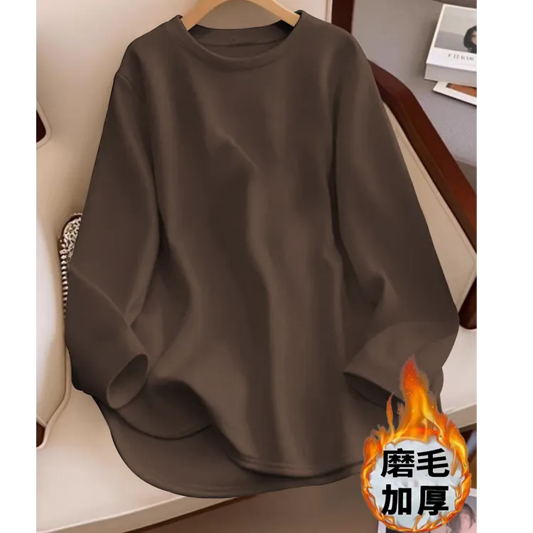 秋冬新款加厚磨毛T恤女宽松显瘦中长款百搭外穿保暖内搭打底上衣