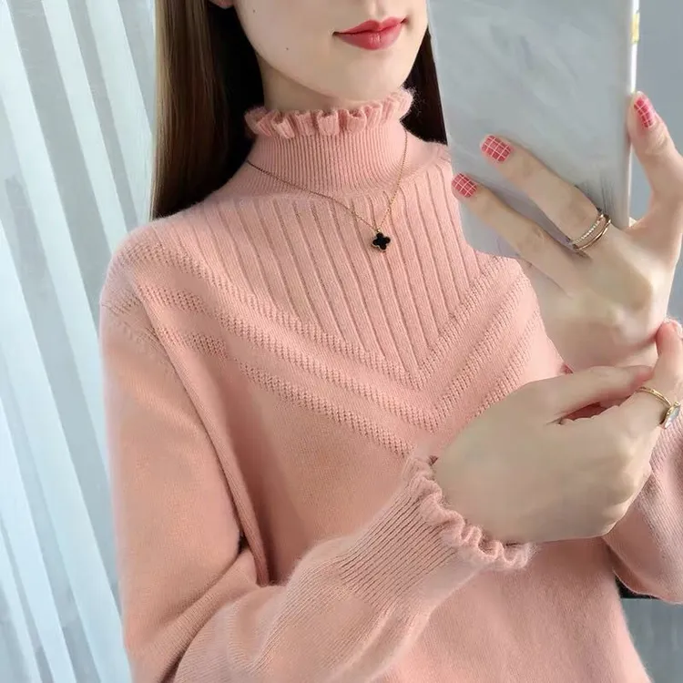 秋冬跨境加厚韩版宽松洋气打底针织衫上衣木耳边百搭半高领毛衣女