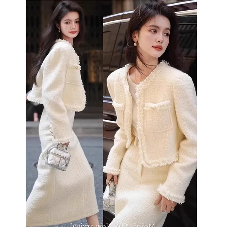 粗花呢小香风白色套装裙女秋装高级感优雅短款外套高腰长裙两件套