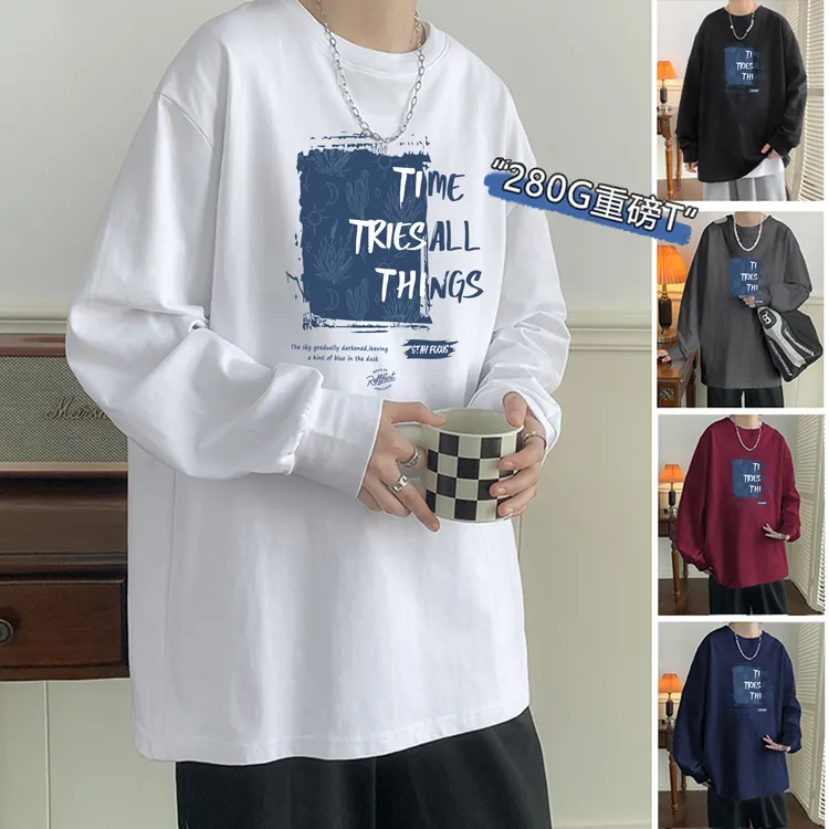 原创男装美式复古高街重磅长袖t恤印花青少年日系学生T恤圆领潮流