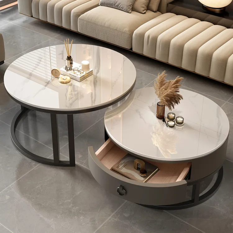 圆形茶几客厅家用2023新款阳台意式边桌小户型轻奢款网红岩板茶桌