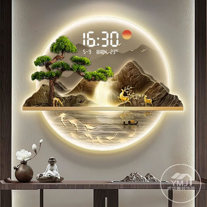 入户玄关画2024年新款高端流水生财山水挂画走廊客厅装饰画带钟表