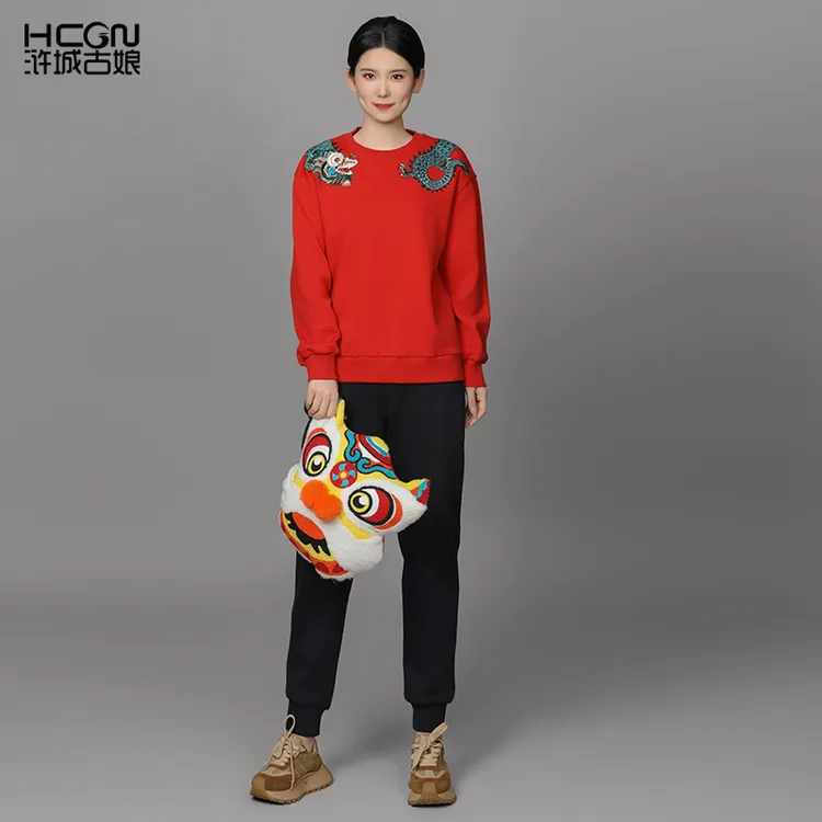 浒城古娘【棉质】中国风宽松精致百搭气质休闲女游龙卫衣-ACL181051