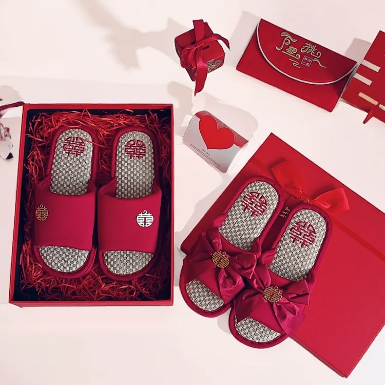 结婚拖鞋新婚情侣亚麻拖鞋结婚必备用品喜庆红色舒适耐磨轻奢拖鞋